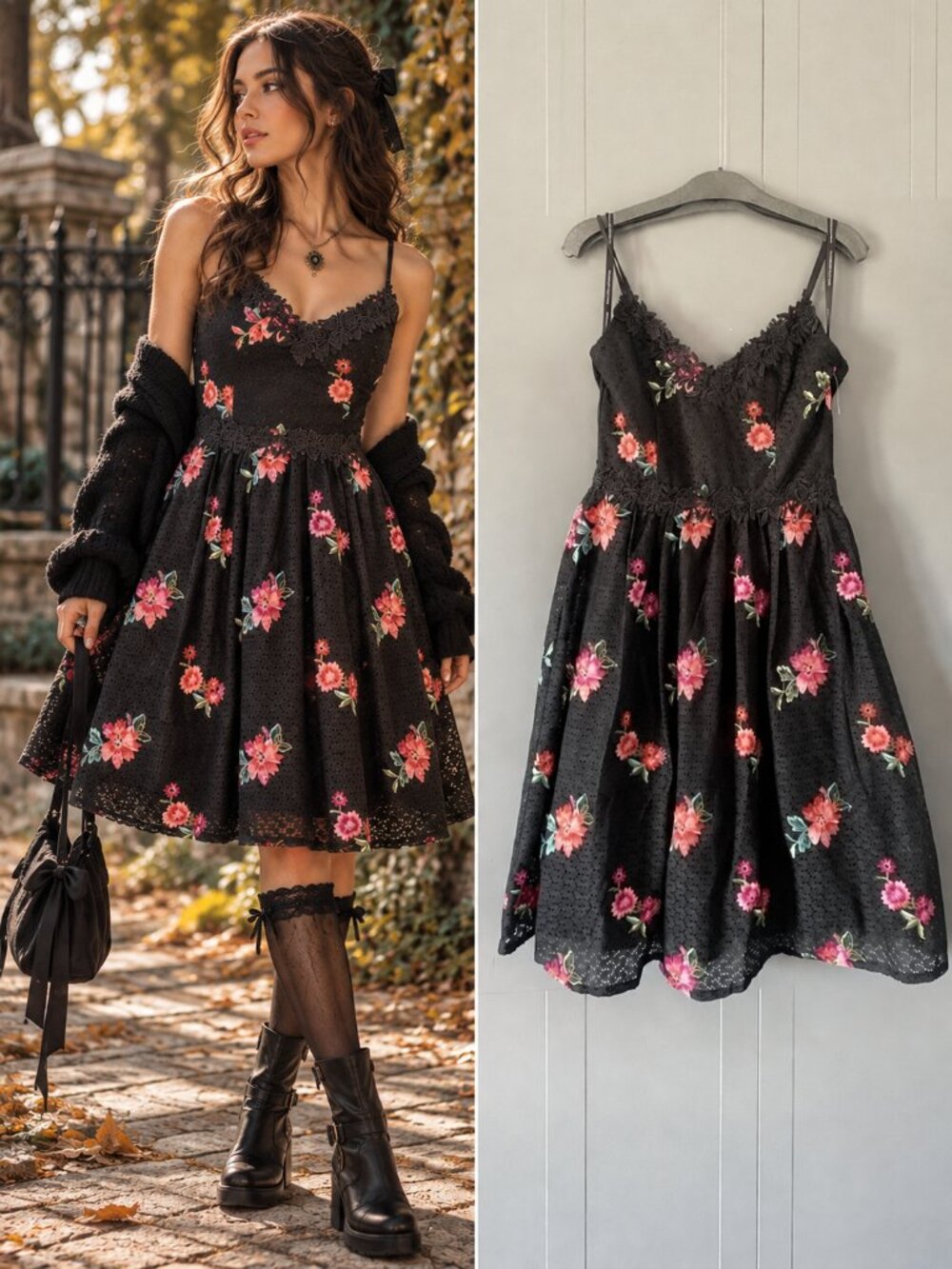 Little Mistress Black Floral Embroidered Lace Fit Flare Dress Coquette 6
